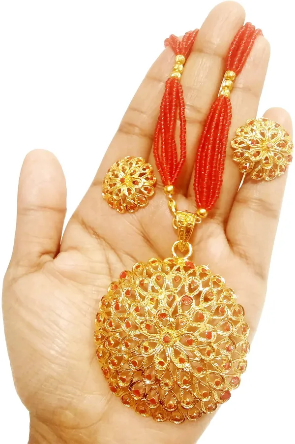 Assamese_Traditional_Gold_Plated_Red_Colour_Japi_Tassel_Jewellery_Set_For_Women